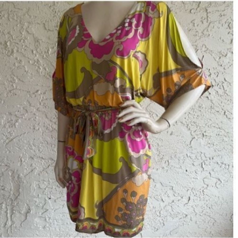 Trina Turk Womens Size 4 Cinch Tie Waist Summer Dress Tan Green Pink Half Sleeve